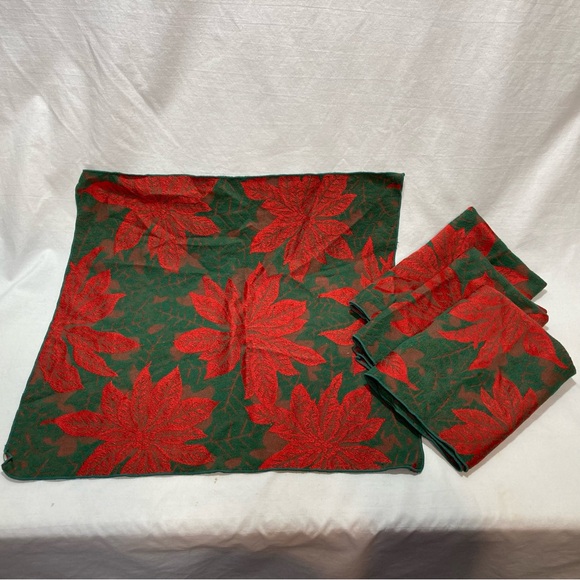 VINTAGE POINSETTIA SET ROUND TABLECLOTH W/ SQUARE NAPKINS HOLIDAY - Picture 2 of 4